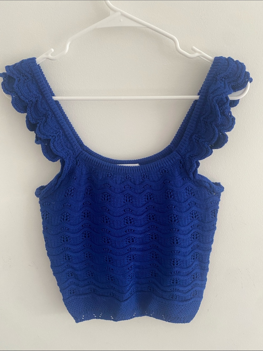 Carly Jean Los Angeles Pointelle Knit Ruffle Sleeve Crop Top Cobalt Blue Medium